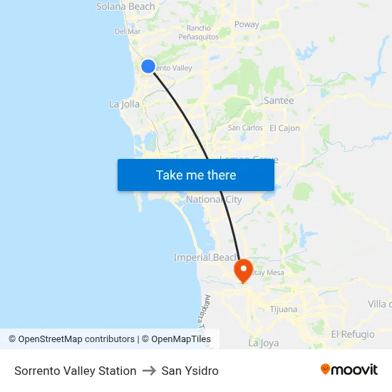 Sorrento Valley Station to San Ysidro map