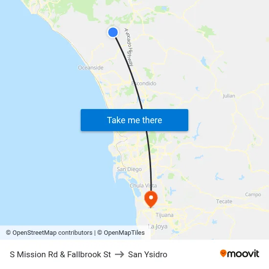 S Mission Rd & Fallbrook St to San Ysidro map