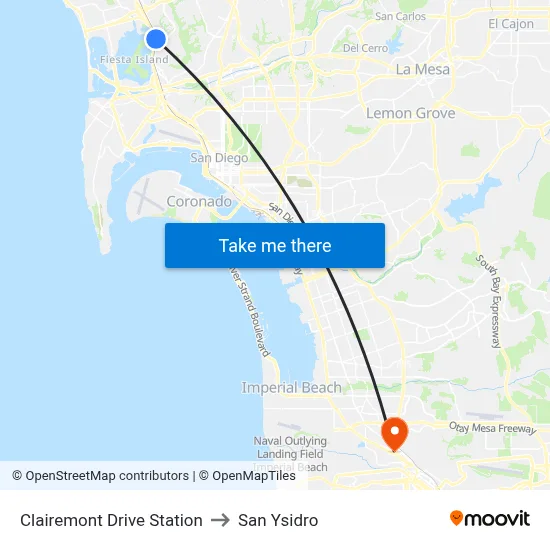 Clairemont Drive Station to San Ysidro map