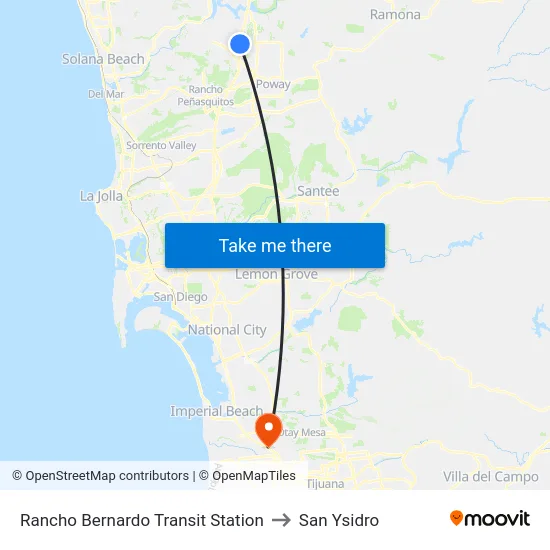 Rancho Bernardo Transit Station to San Ysidro map