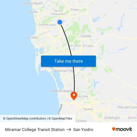Miramar College Transit Station to San Ysidro map
