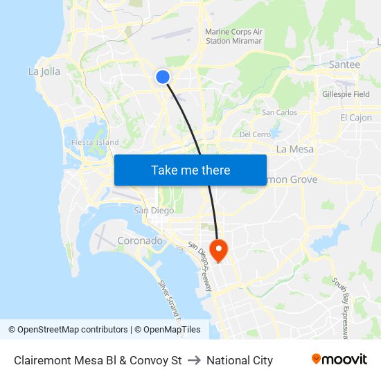 Clairemont Mesa Bl & Convoy St to National City map