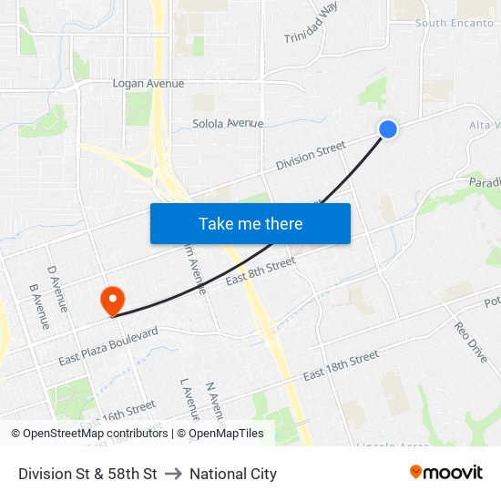 Division St & 58th St to National City map