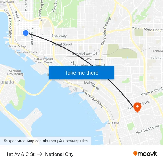 1st Av & C St to National City map