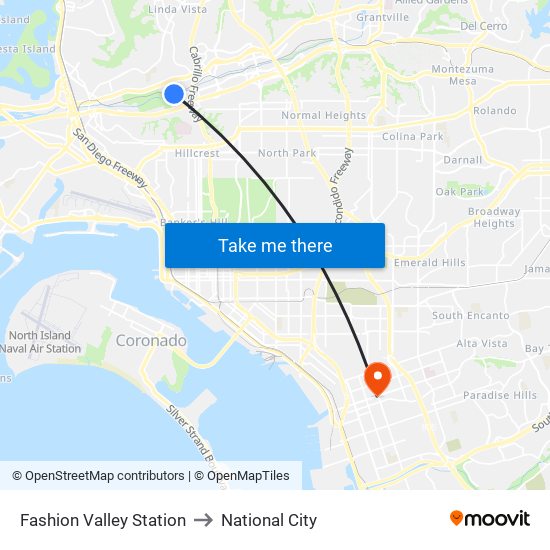 Fashion Valley Station to National City map