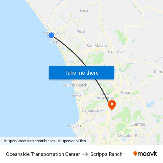 Oceanside Transportation Center to Scripps Ranch map