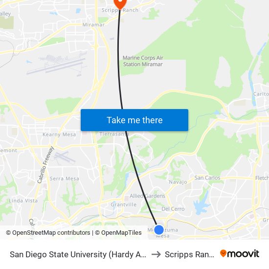 San Diego State University (Hardy Ave) to Scripps Ranch map