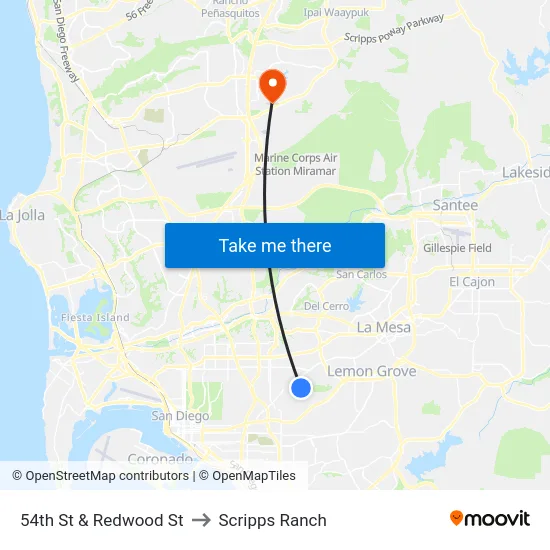 54th St & Redwood St to Scripps Ranch map