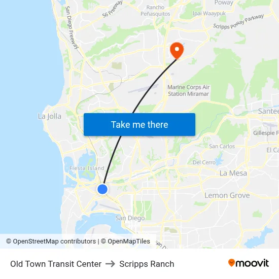 Old Town Transit Center to Scripps Ranch map