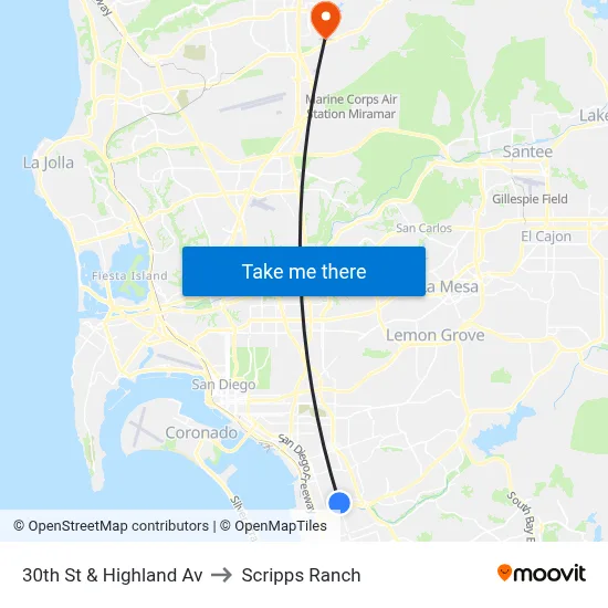 30th St & Highland Av to Scripps Ranch map