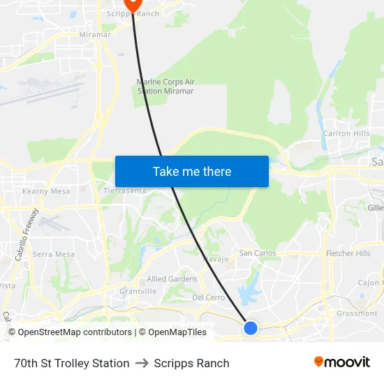 70th St Trolley Station to Scripps Ranch map
