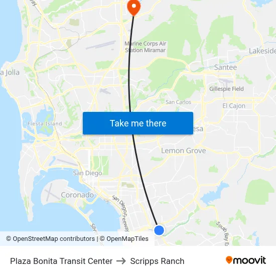 Plaza Bonita Transit Center to Scripps Ranch map