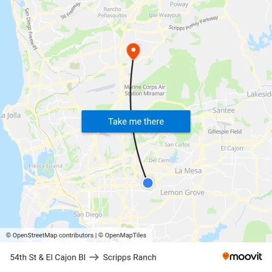 54th St & El Cajon Bl to Scripps Ranch map