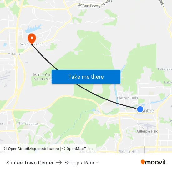 Santee Town Center to Scripps Ranch map
