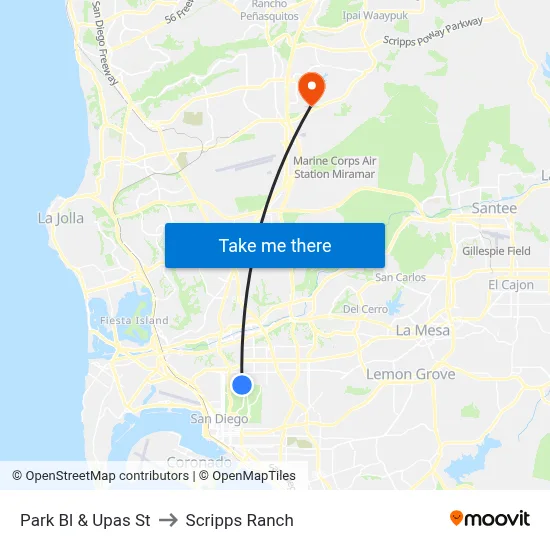Park Bl & Upas St to Scripps Ranch map