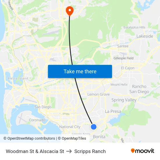 Woodman St & Alscacia St to Scripps Ranch map