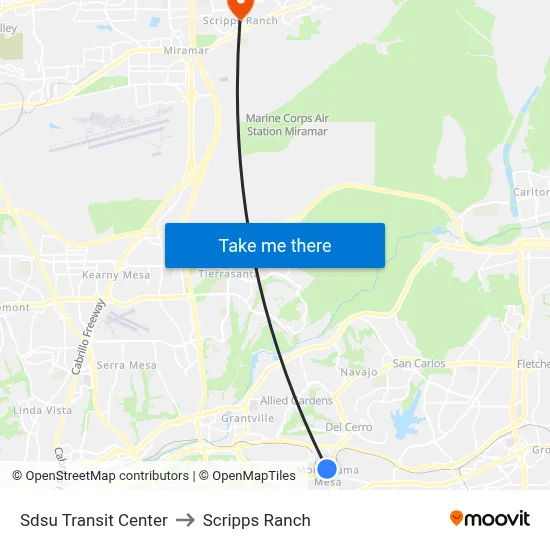 Sdsu Transit Center to Scripps Ranch map