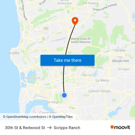 30th St & Redwood St to Scripps Ranch map