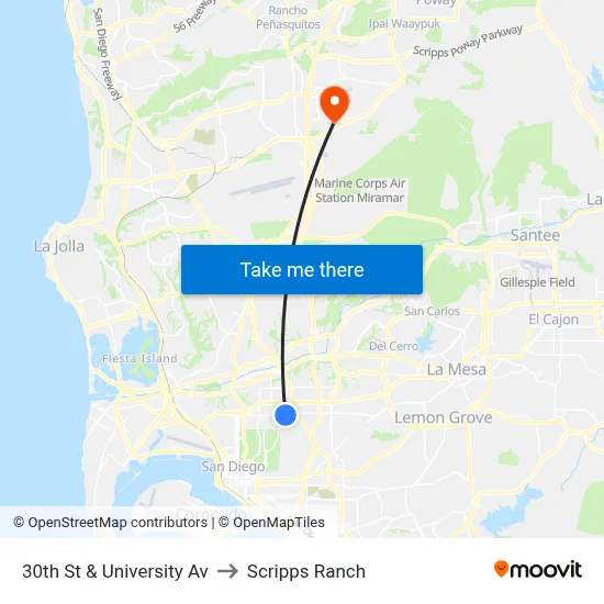 30th St & University Av to Scripps Ranch map