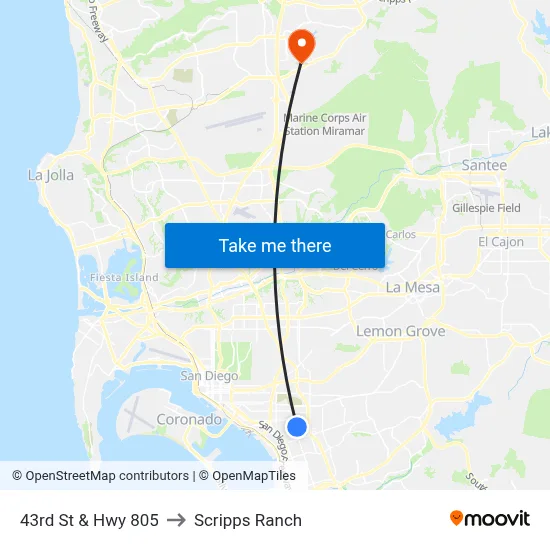 43rd St & Hwy 805 to Scripps Ranch map