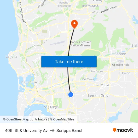 40th St & University Av to Scripps Ranch map
