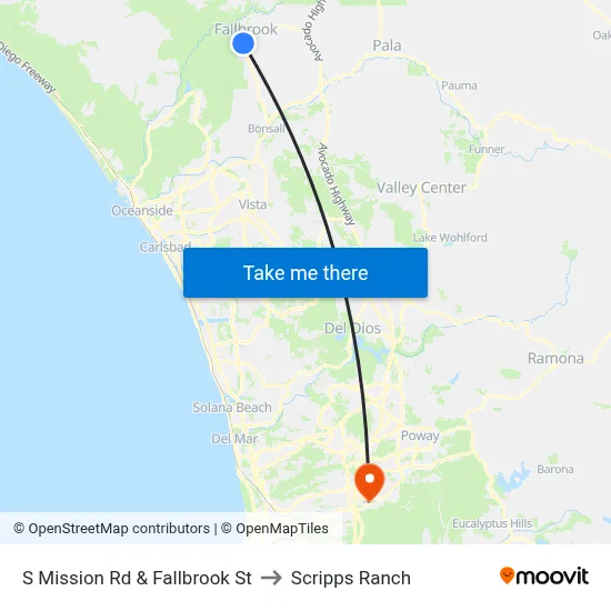 S Mission Rd & Fallbrook St to Scripps Ranch map