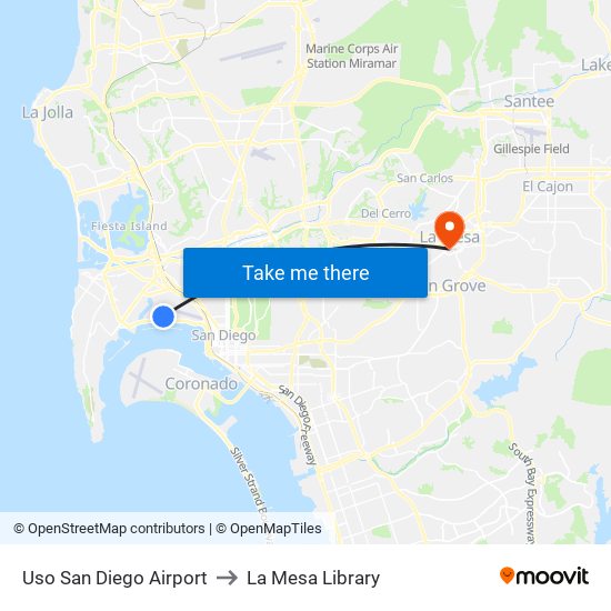 Uso San Diego Airport to La Mesa Library map