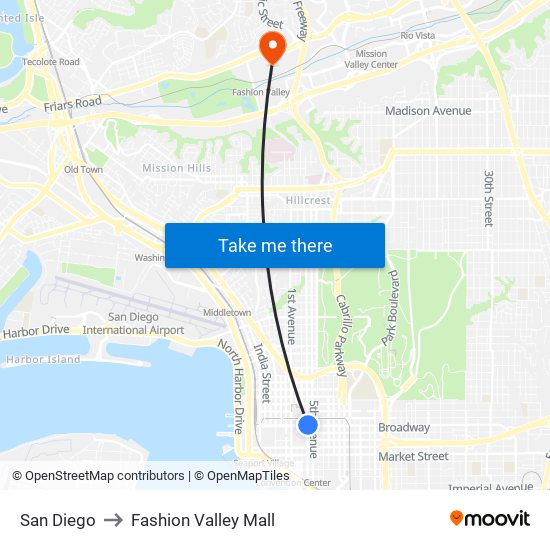 San Diego to Fashion Valley Mall map
