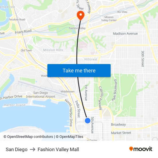 San Diego to Fashion Valley Mall map
