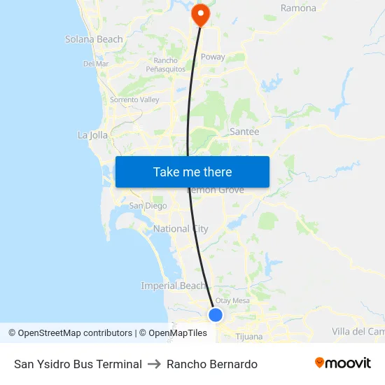 San Ysidro Bus Terminal to Rancho Bernardo map