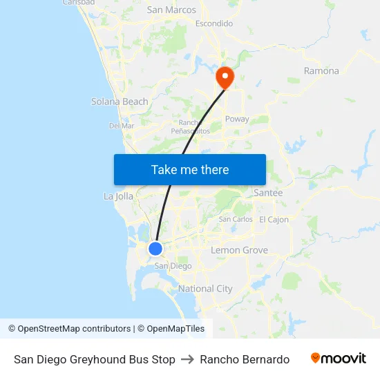 San Diego Greyhound Bus Stop to Rancho Bernardo map