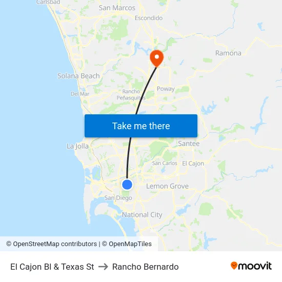 El Cajon Bl & Texas St to Rancho Bernardo map