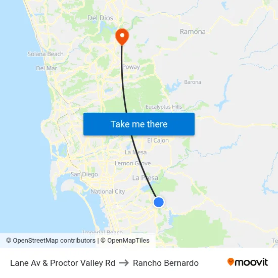Lane Av & Proctor Valley Rd to Rancho Bernardo map