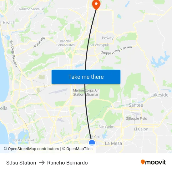 Sdsu Station to Rancho Bernardo map