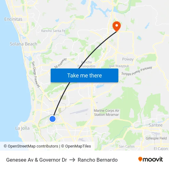 Genesee Av & Governor Dr to Rancho Bernardo map