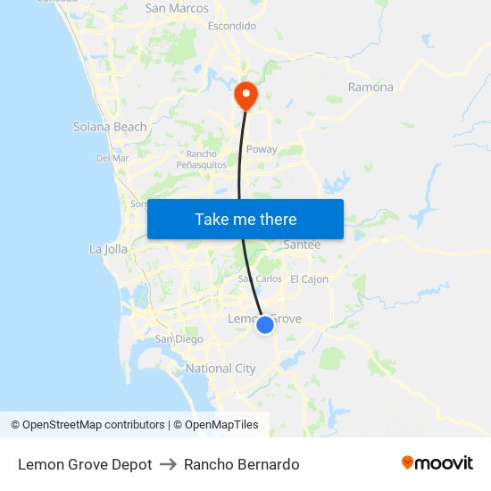 Lemon Grove Depot to Rancho Bernardo map