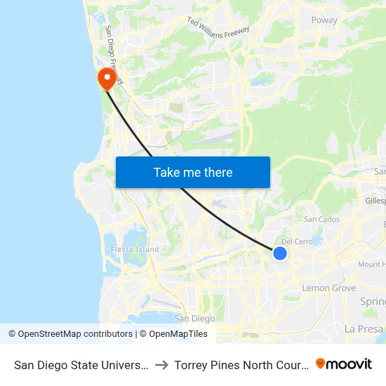 San Diego State University to Torrey Pines North Course map