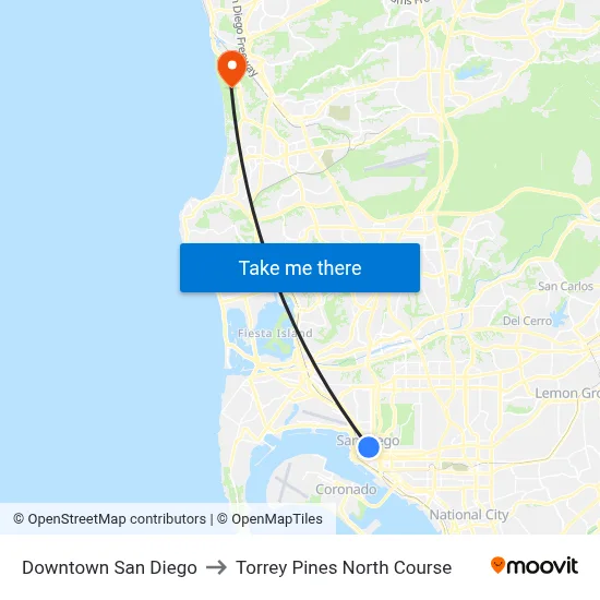 Downtown San Diego to Torrey Pines North Course map