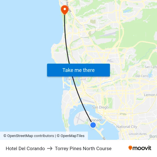 Hotel Del Corando to Torrey Pines North Course map