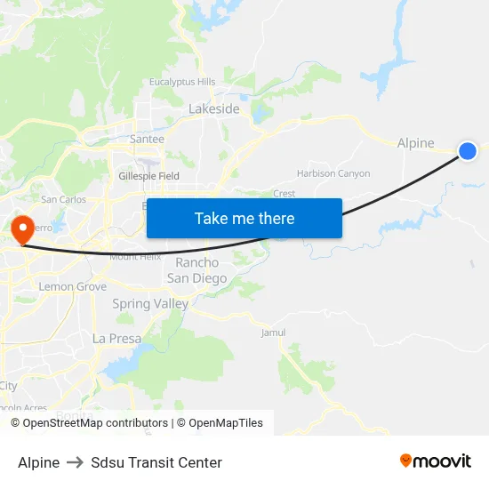 Alpine to Sdsu Transit Center map