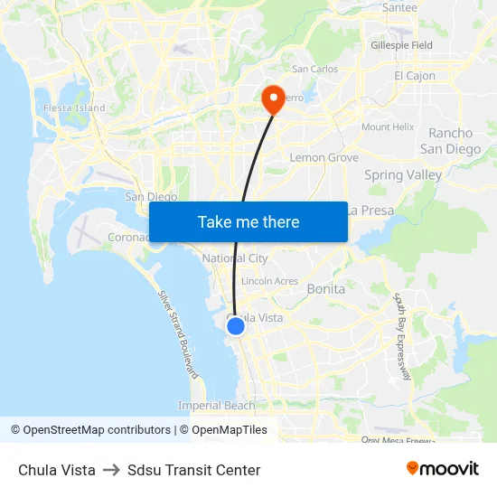 Chula Vista to Sdsu Transit Center map