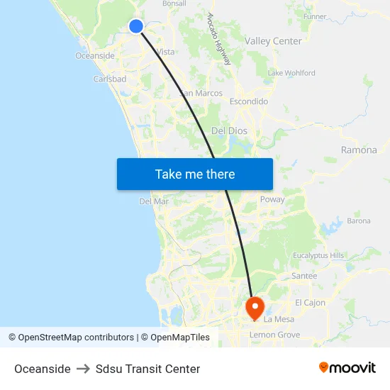 Oceanside to Sdsu Transit Center map