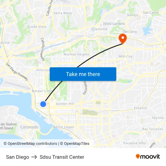 San Diego to Sdsu Transit Center map