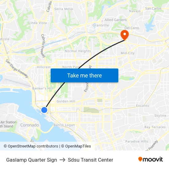 Gaslamp Quarter Sign to Sdsu Transit Center map