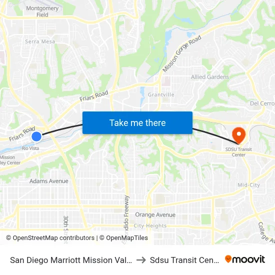 San Diego Marriott Mission Valley to Sdsu Transit Center map