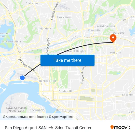 San Diego Airport SAN to Sdsu Transit Center map