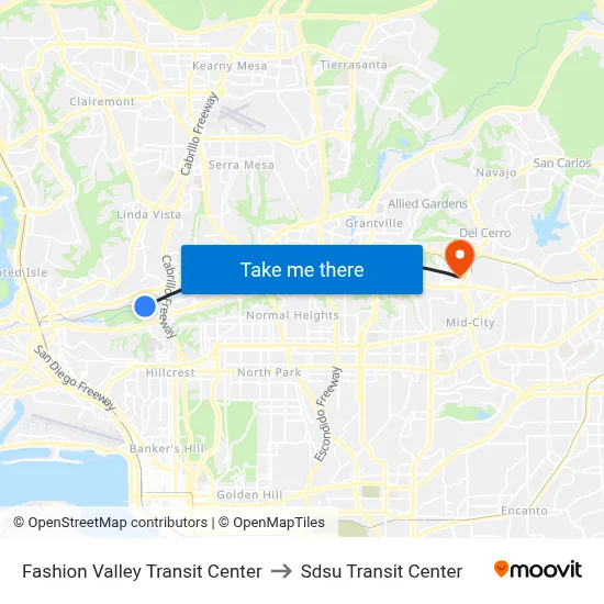 Fashion Valley Transit Center to Sdsu Transit Center map