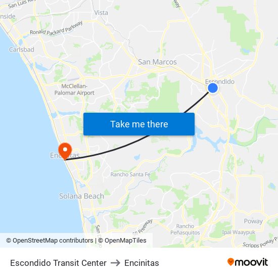 Escondido Transit Center to Encinitas map
