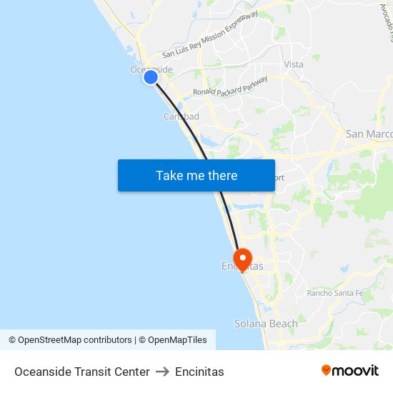 Oceanside Transit Center to Encinitas map