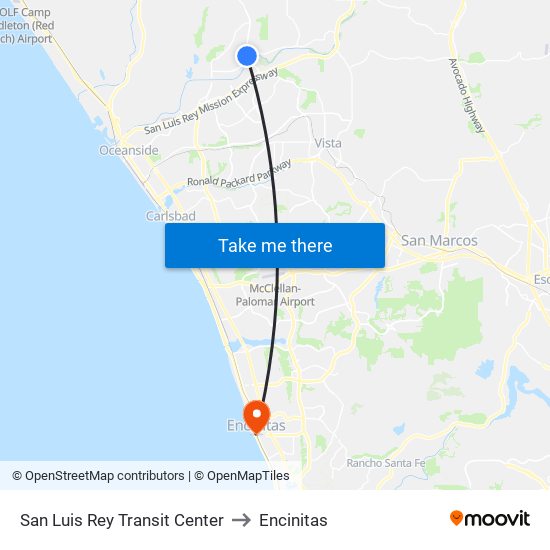 San Luis Rey Transit Center to Encinitas map